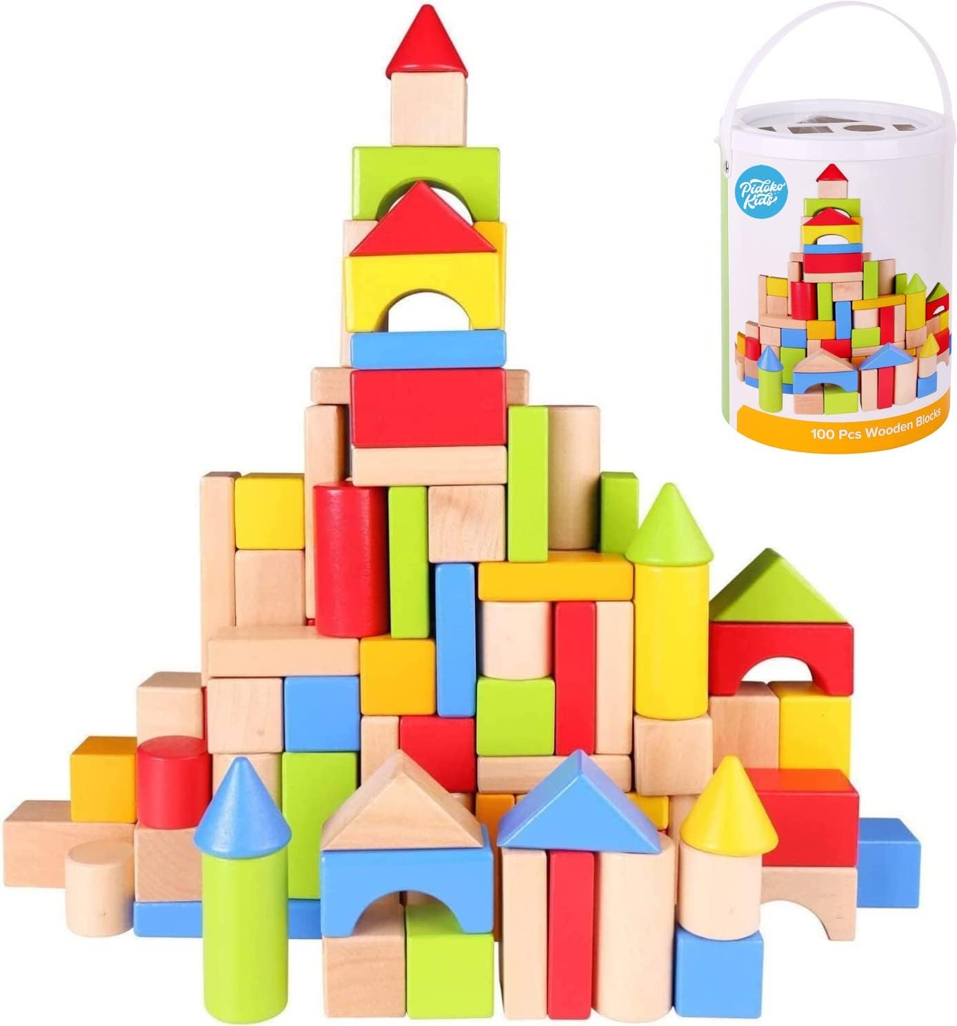 Pidoko Kids Wooden Building Blocks Set - 100 Pcs - Includes Carrying Container - Hardwood Plain & Colored Wood Block for Boys & Girls